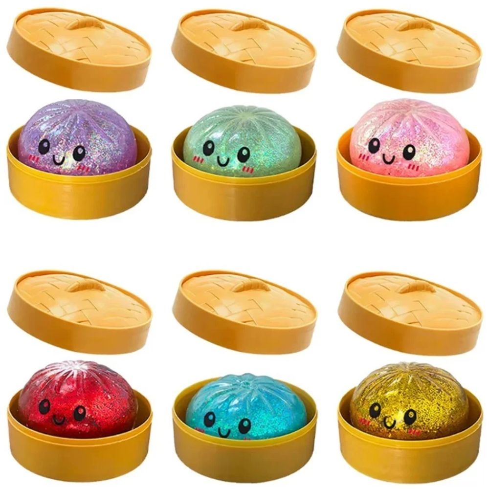 Glitter dumpling squishy in its individual display box