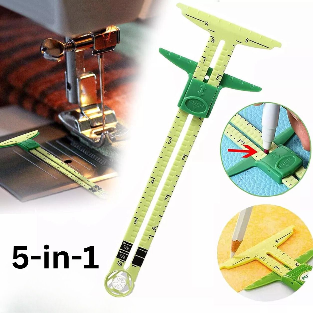 5-in-1 Sliding Gauge with No-Hassle Triangles Gauge Measuring for Sewing