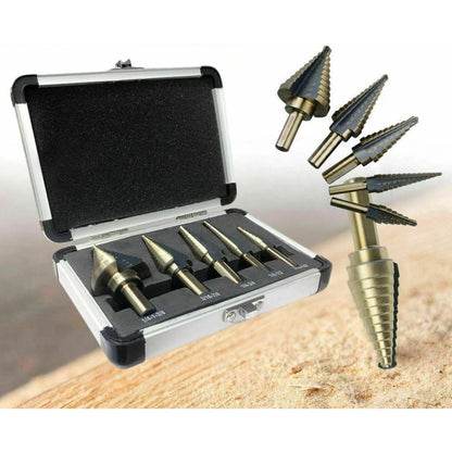 5PCS HSS Step Steel Cone Drill Bits Hole Titanium Cutter Set Kit + Aluminum Case