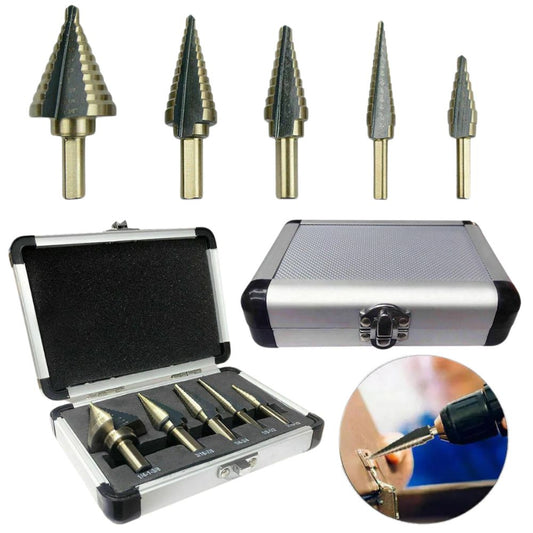 5PCS HSS Step Steel Cone Drill Bits Hole Titanium Cutter Set Kit + Aluminum Case