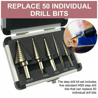 5PCS HSS Step Steel Cone Drill Bits Hole Titanium Cutter Set Kit + Aluminum Case