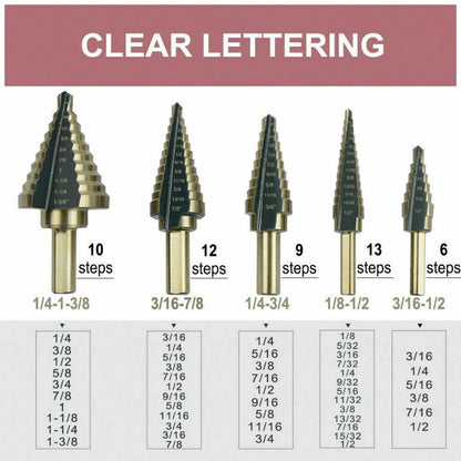 5PCS HSS Step Steel Cone Drill Bits Hole Titanium Cutter Set Kit + Aluminum Case