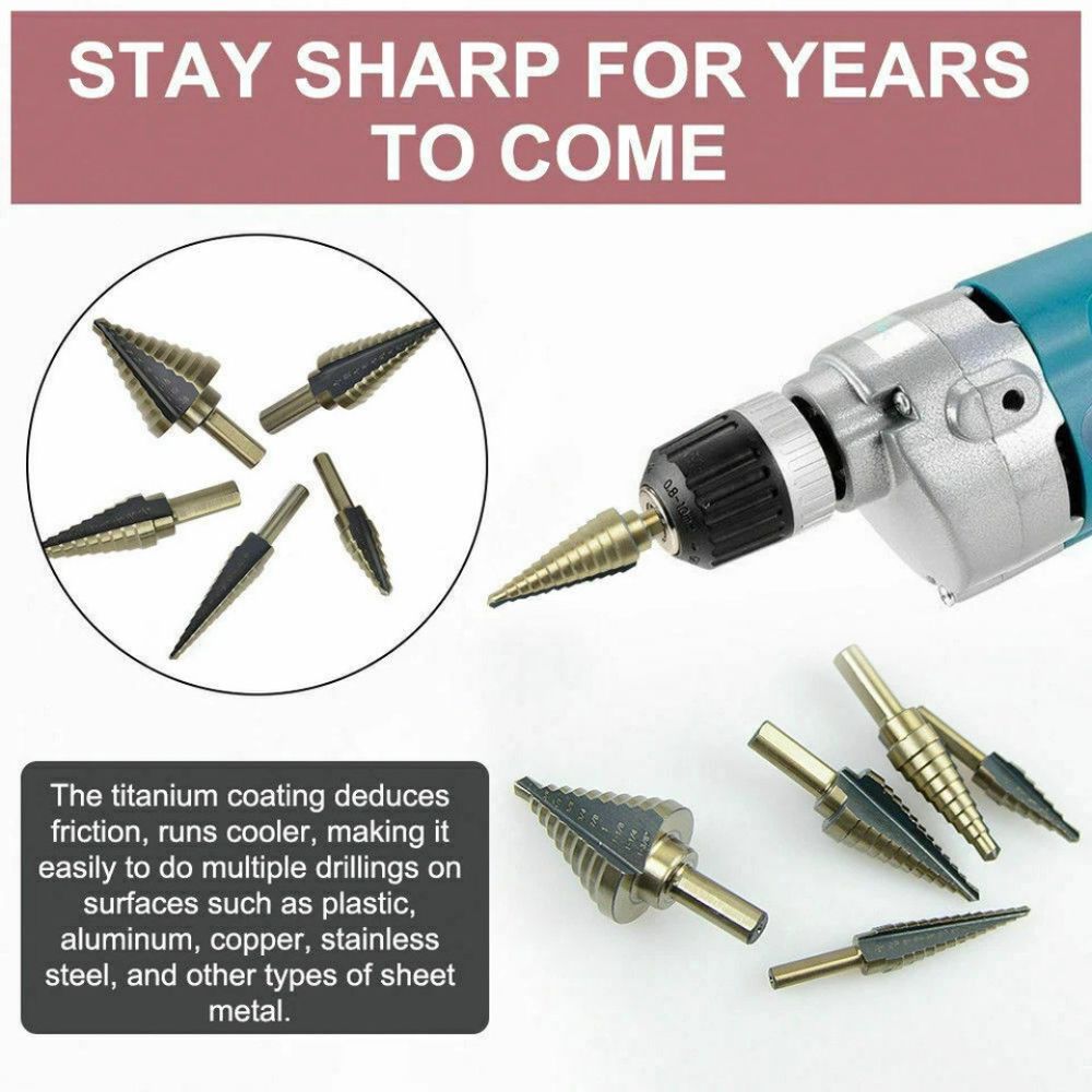 5PCS HSS Step Steel Cone Drill Bits Hole Titanium Cutter Set Kit + Aluminum Case