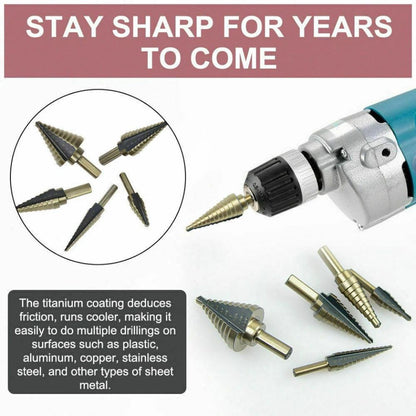 5PCS HSS Step Steel Cone Drill Bits Hole Titanium Cutter Set Kit + Aluminum Case