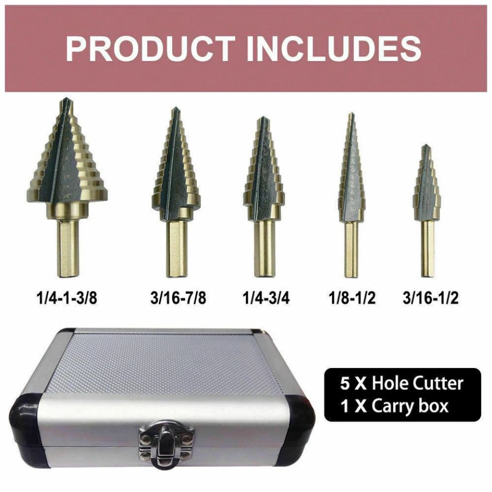 5PCS HSS Step Steel Cone Drill Bits Hole Titanium Cutter Set Kit + Aluminum Case