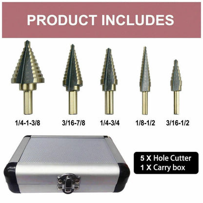 5PCS HSS Step Steel Cone Drill Bits Hole Titanium Cutter Set Kit + Aluminum Case