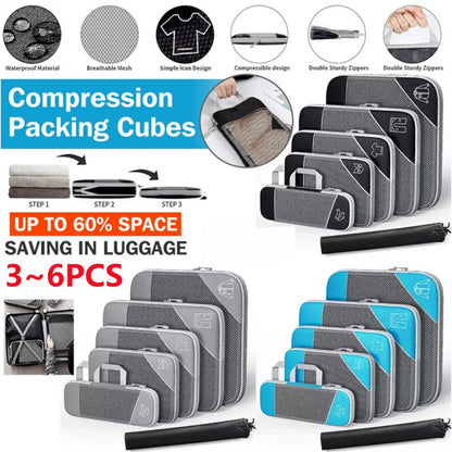 3/6Pcs Compression Packing Cubes Expandable Storage Travel Luggage Bags Organiser