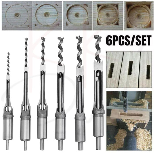 6Pcs Square Hole Saw Drill Bit Auger Mortising Chisel Woodworking 6.35-16mm