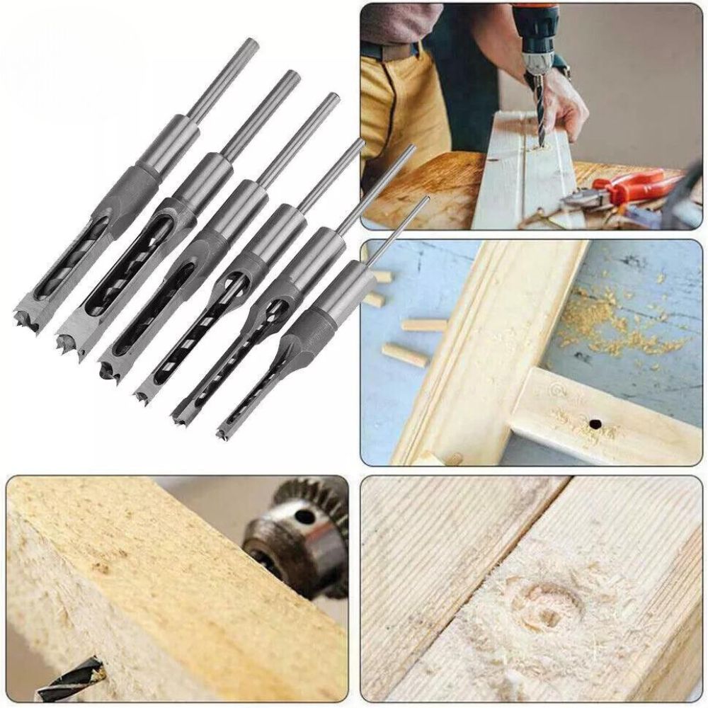 6Pcs Square Hole Saw Drill Bit Auger Mortising Chisel Woodworking 6.35-16mm