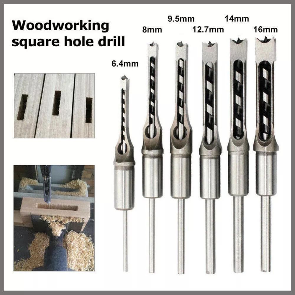 6Pcs Square Hole Saw Drill Bit Auger Mortising Chisel Woodworking 6.35-16mm