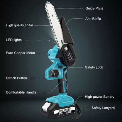 6" Rechargeable Mini Cordless Electric Chainsaw 2X Battery-Powered Wood Cutter