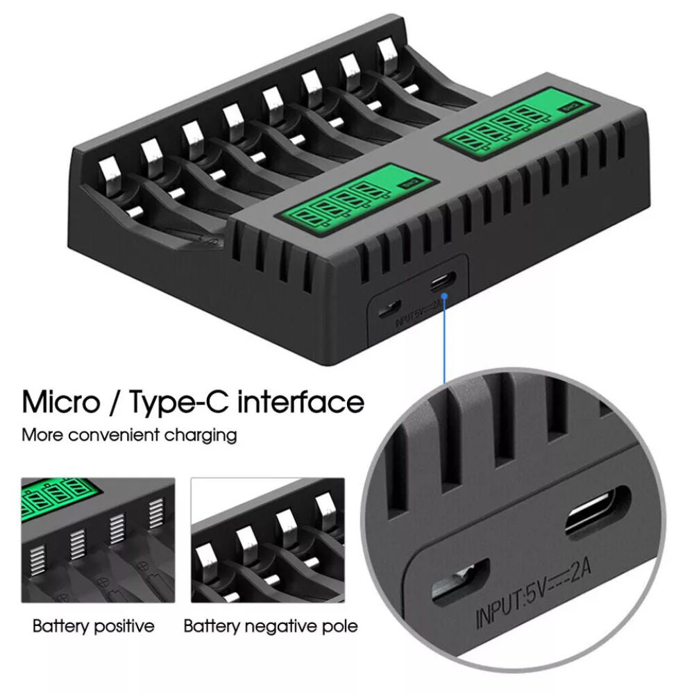 8 Slot Smart Battery Charger LCD Display for AA/AAA Rechargeable Batteries