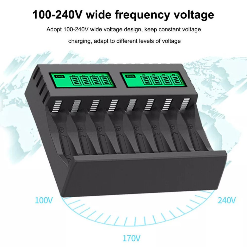 8 Slot Smart Battery Charger LCD Display for AA/AAA Rechargeable Batteries