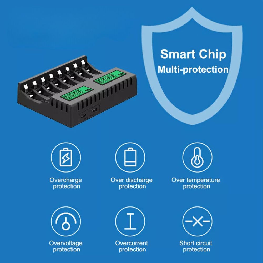 8 Slot Smart Battery Charger LCD Display for AA/AAA Rechargeable Batteries