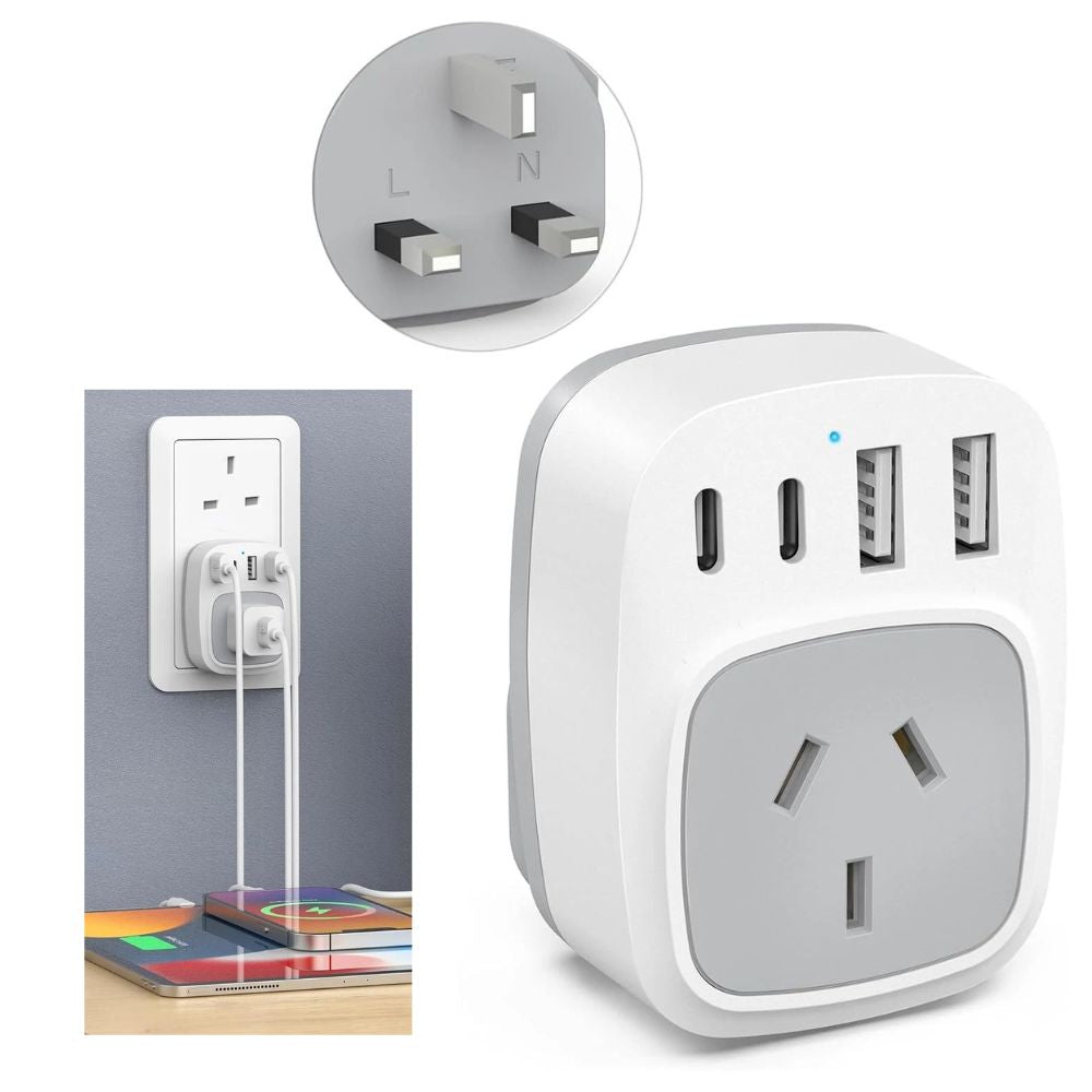 AU to UK Type G travel adapter with 2 USB-C and 2 USB-A ports