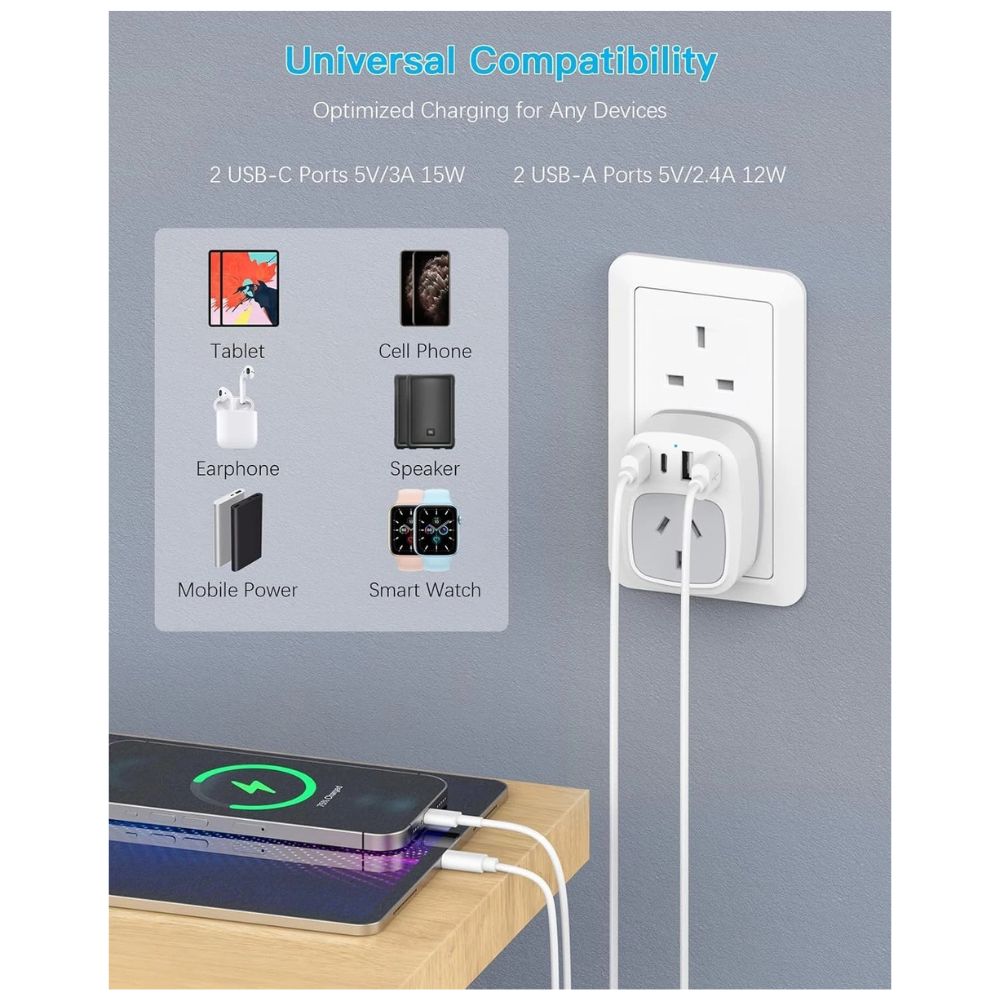Travel adapter with phone and tablet charging