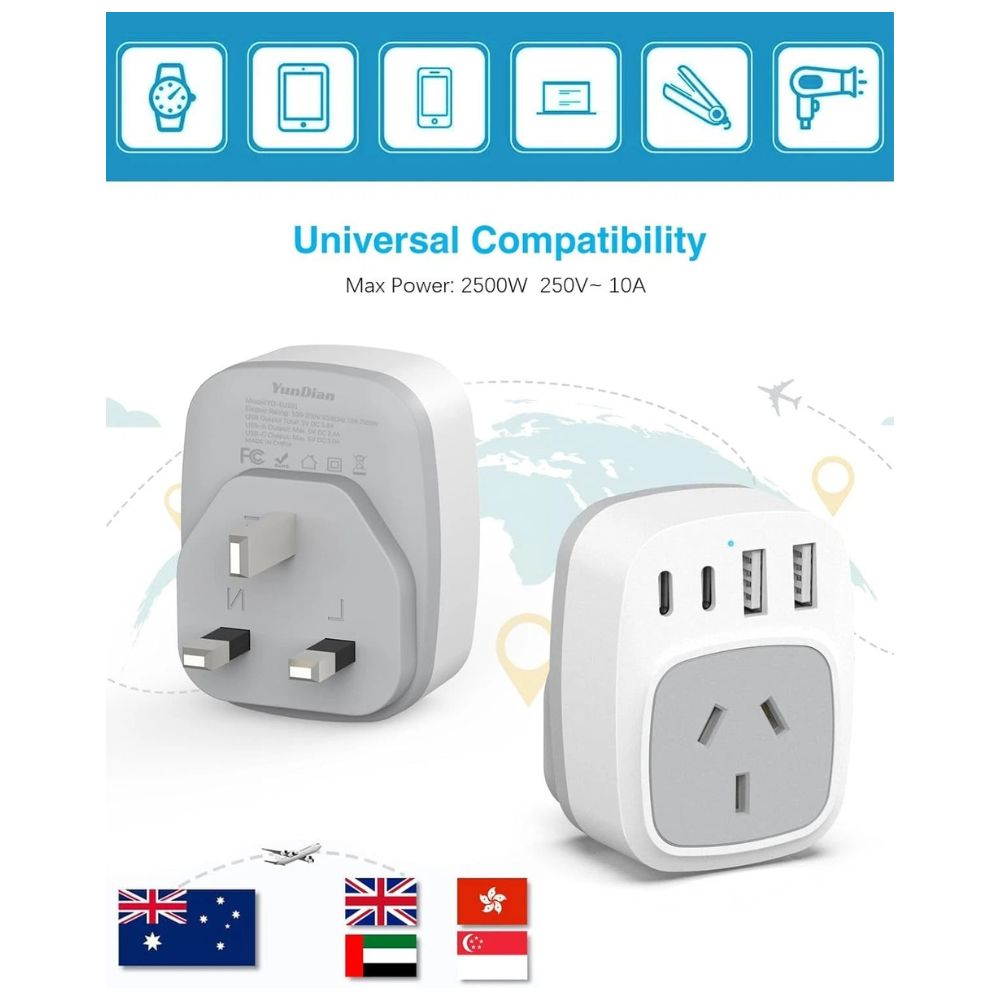 Travel adapter dimensions 70 x 50 x 31mm