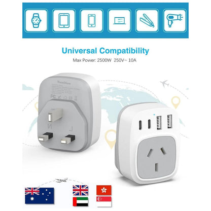 Travel adapter dimensions 70 x 50 x 31mm