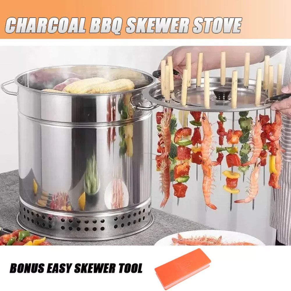 Camping Outdoor Charcoal BBQ Grill Cooking Stainless Steel Skewer Vertical