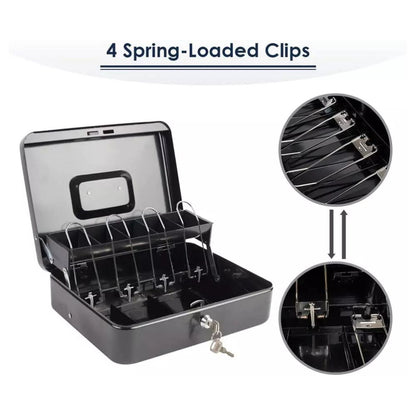 Cash Box Safe Portable Coin Box Metal Lock Security Bank with Storage Tray 2 Key