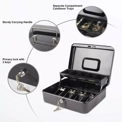Cash Box Safe Portable Coin Box Metal Lock Security Bank with Storage Tray 2 Key