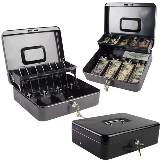 Cash Box Safe Portable Coin Box Metal Lock Security Bank with Storage Tray 2 Key
