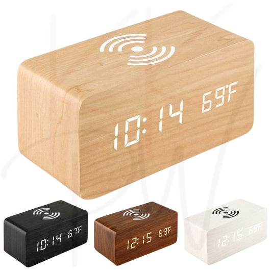 Digital Wooden Alarm Clock Table Desk Bedside LED Clock With Wireless Charger