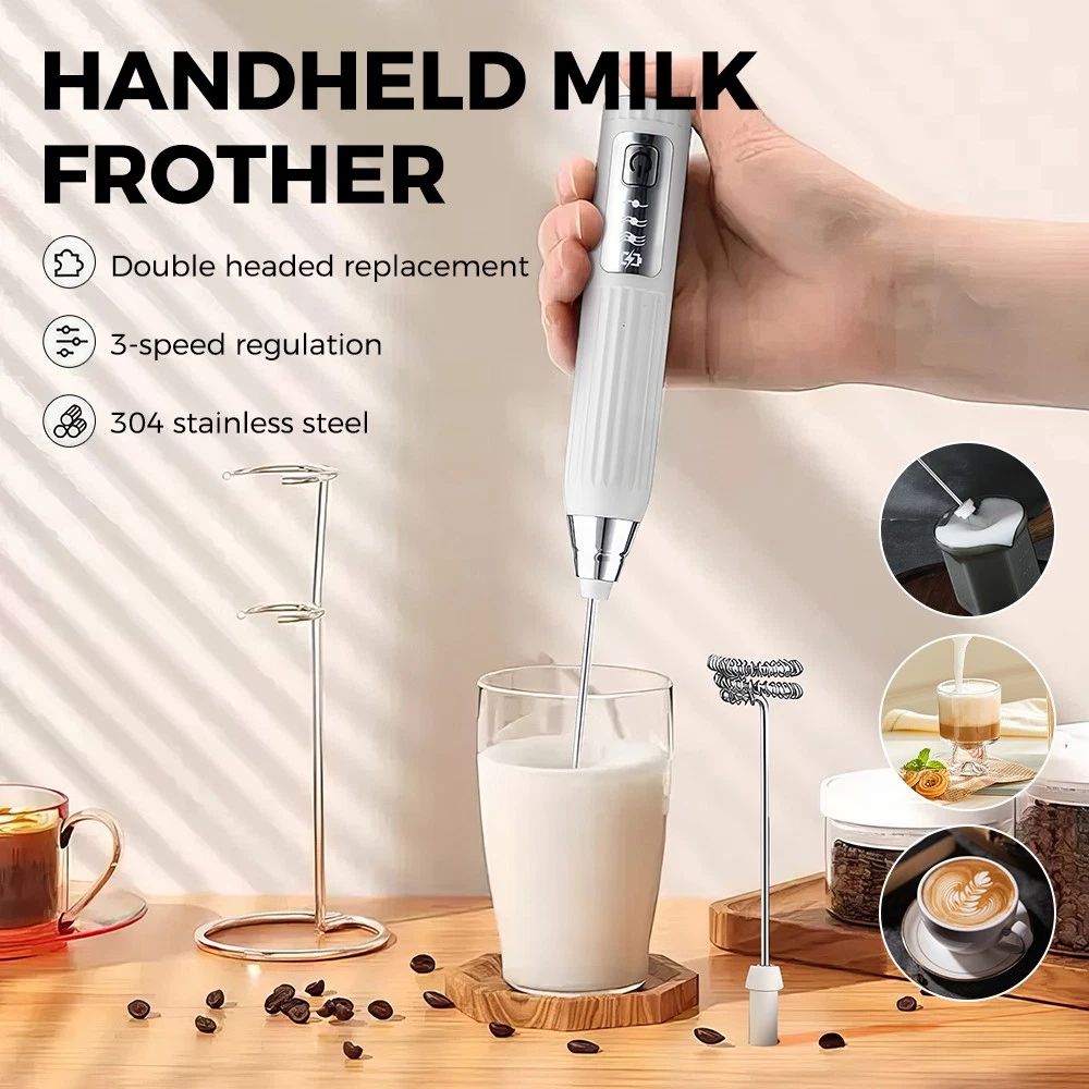 Electric Handheld Rechargeable Milk Frother Wand Egg Beater for Beverage Coffee