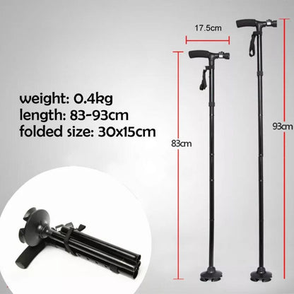 Foldable Walking Cane Folding Stick Walker With LED Strap Black Metal Adjustable Handle