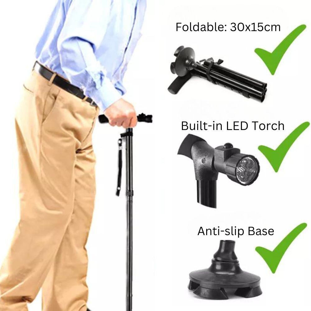 Foldable Walking Cane Folding Stick Walker With LED Strap Black Metal Adjustable Handle