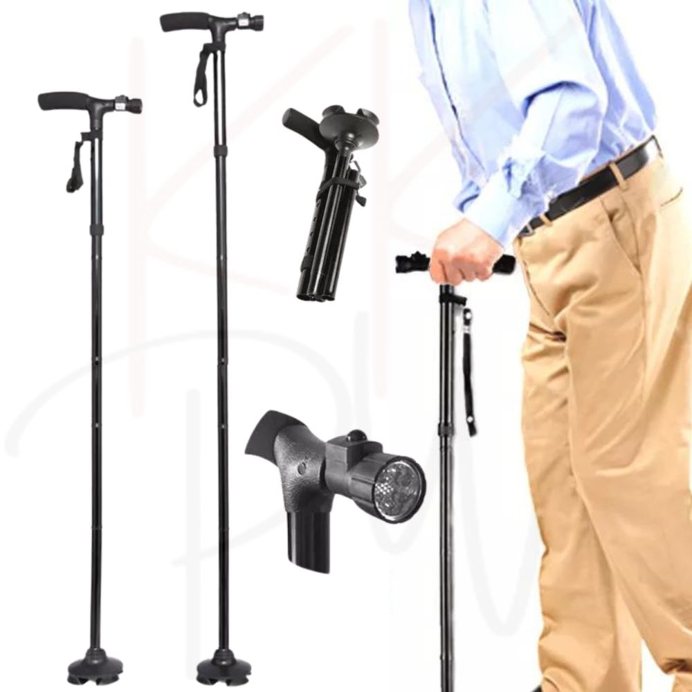 Foldable Walking Cane Folding Stick Walker With LED Strap Black Metal Adjustable Handle