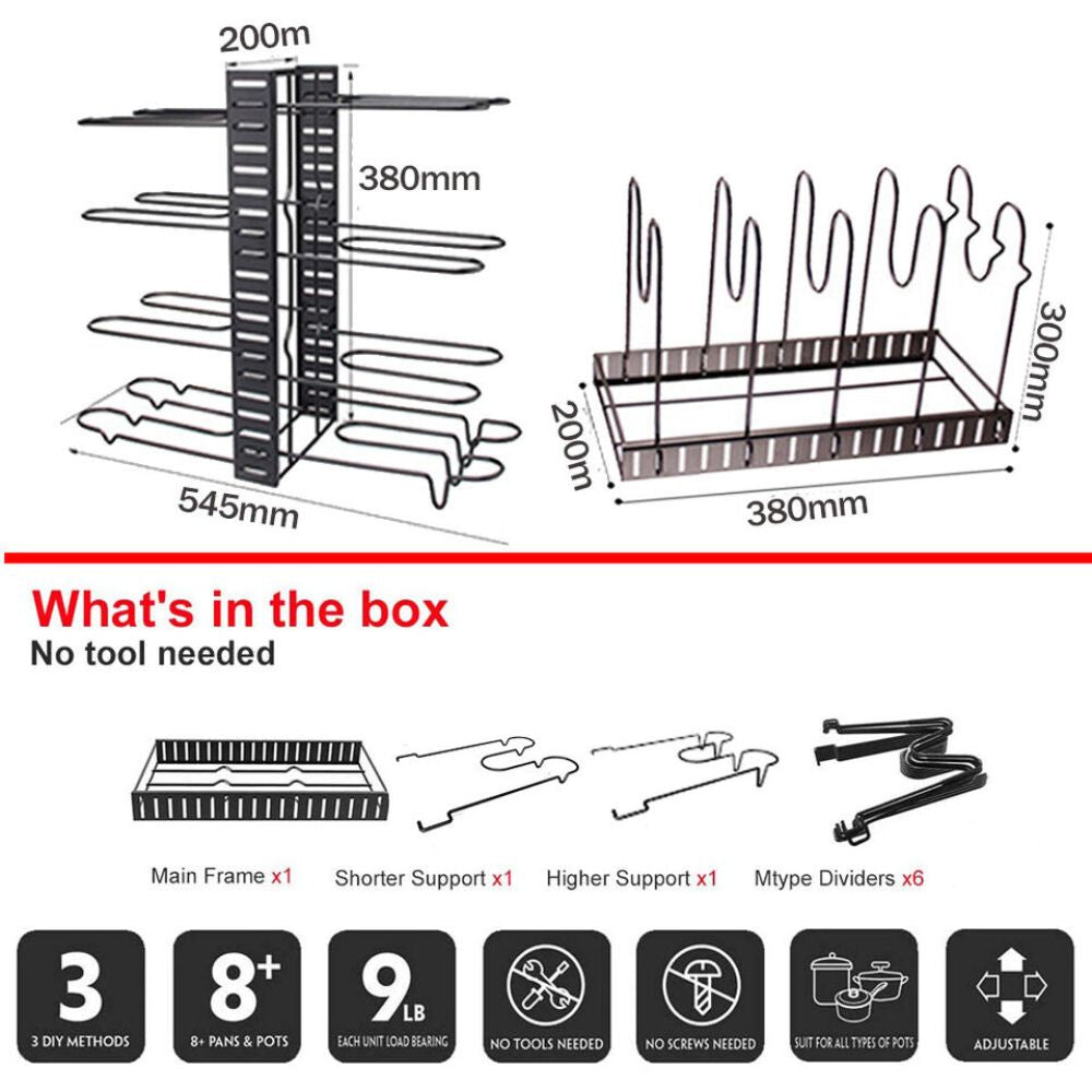 Kitchen Storage Rack Cookware Organiser Pot Lid Frying Pan Pantry Holder Shelves