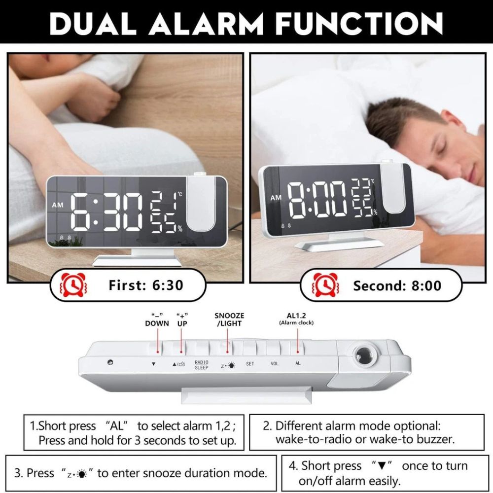 LED Digital Smart Alarm Clock Projection Time Projector Temperature LCD Display