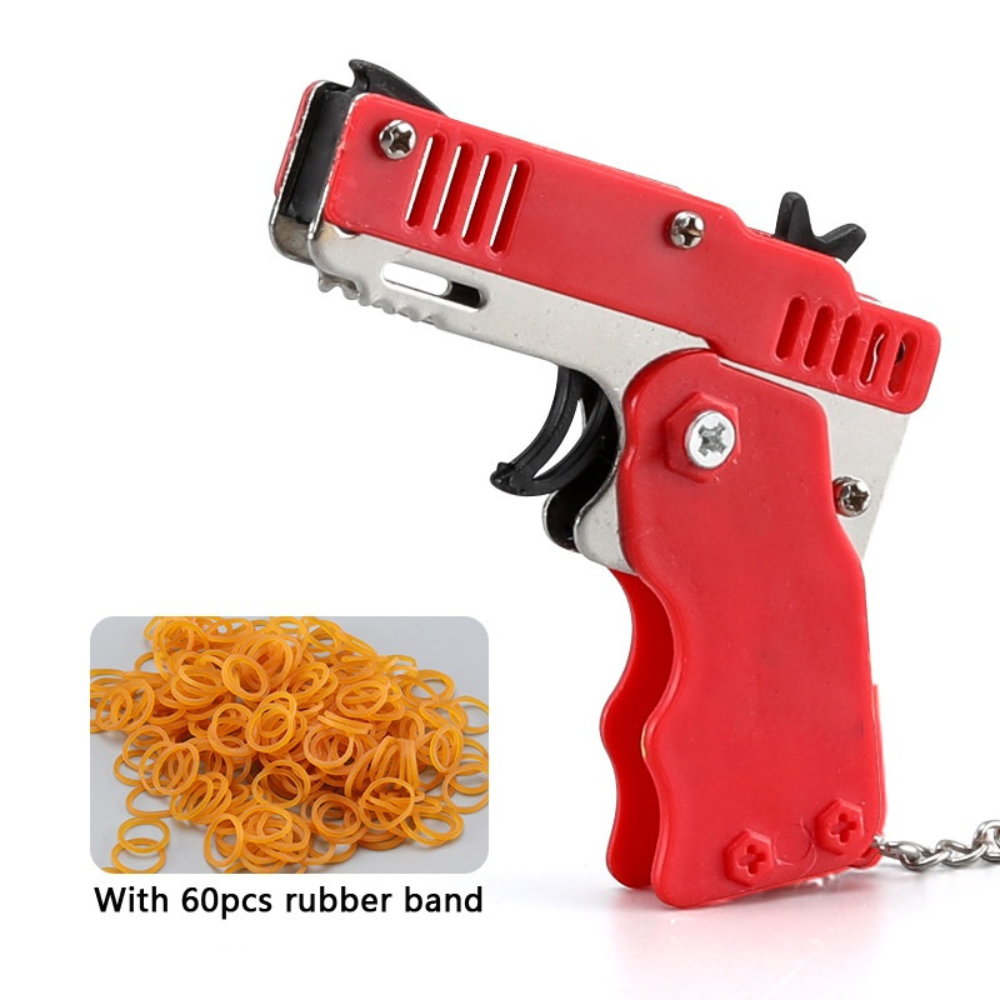 Mini Metal Folding Rubber Band Gun With Keychain & 60 Rubber Bands