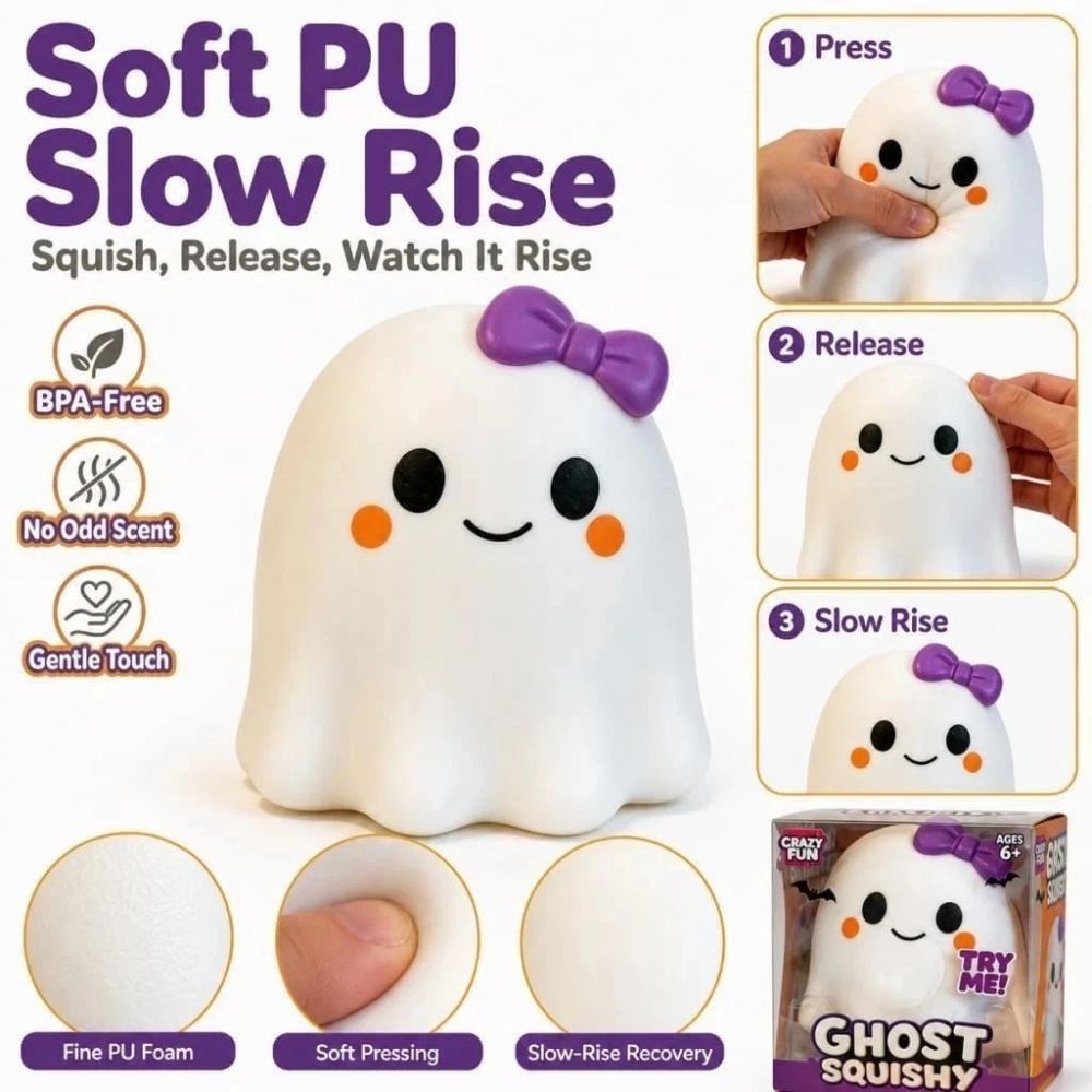 Ghost squishy being squeezed to show slow rebound