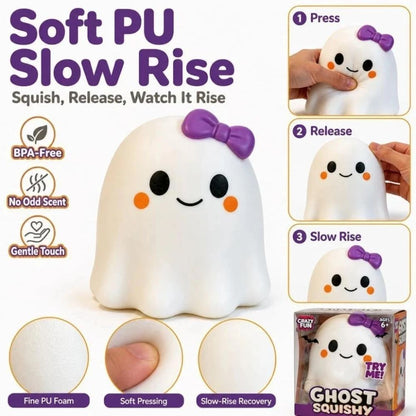 Ghost squishy being squeezed to show slow rebound