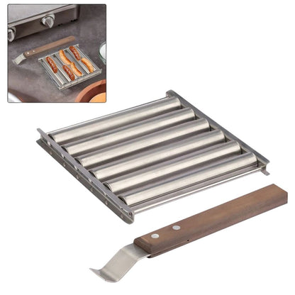 Stainless Steel Hot Dog Roller Sausage Roller Wood Handle BBQ Hot Dog Griller