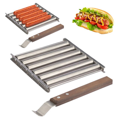 Stainless Steel Hot Dog Roller Sausage Roller Wood Handle BBQ Hot Dog Griller