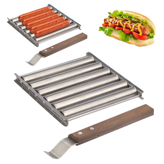 Stainless Steel Hot Dog Roller Sausage Roller Wood Handle BBQ Hot Dog Griller