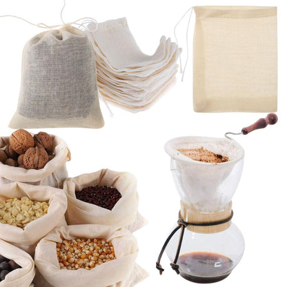 UP 50x Reusable Cotton Filter Bags 100% Cotton Muslin Spices Herbs Tea Soup Drawstring