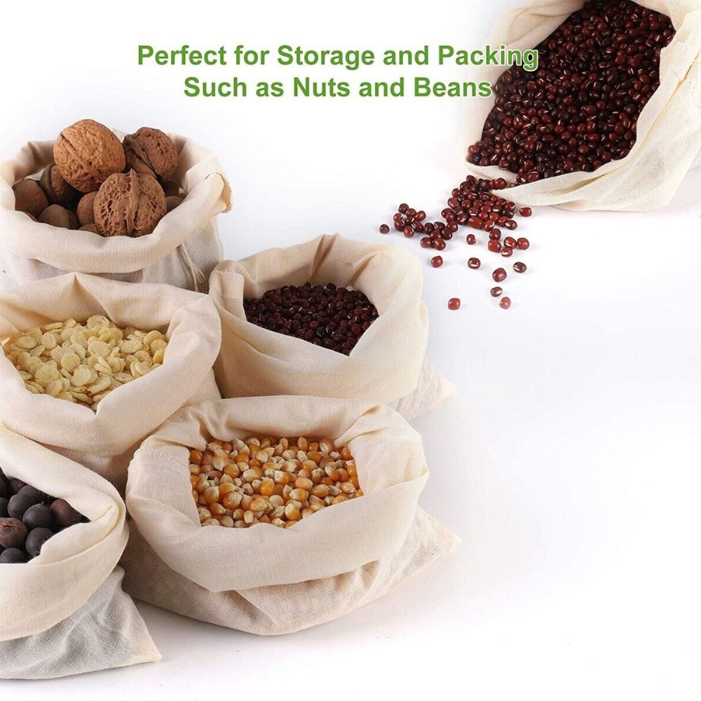 UP 50x Reusable Cotton Filter Bags 100% Cotton Muslin Spices Herbs Tea Soup Drawstring