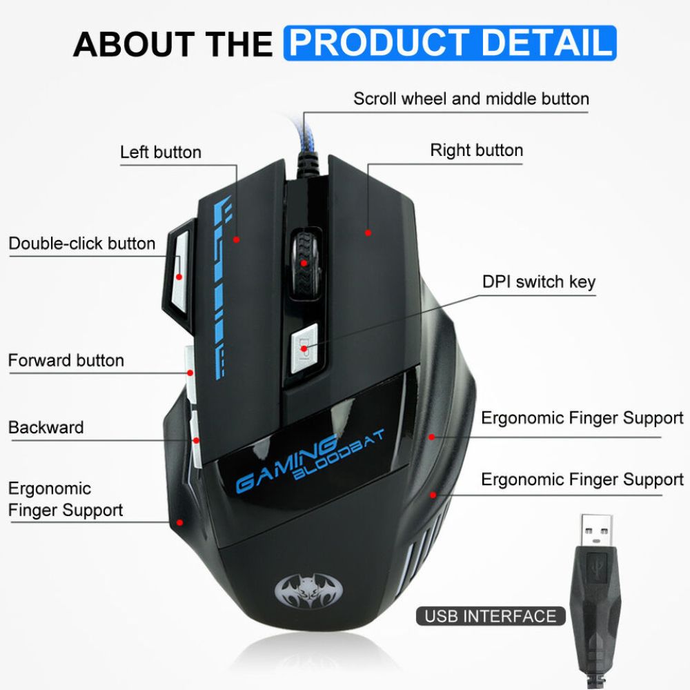 USB 5500DPI Gaming Mouse 7 Button LED Wired Optical Backlight Support Pro