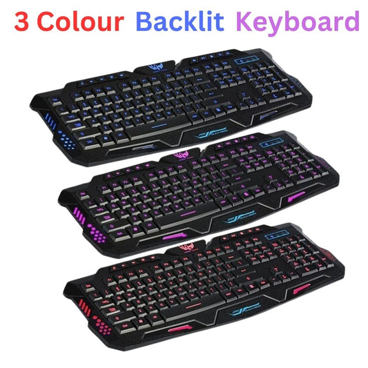 USB Wired Gaming Keyboard 3 Colour Illuminated Led Back-light Cool Ergonomic PC