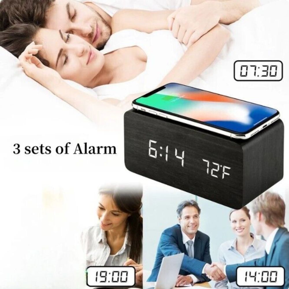 Digital Wooden Alarm Clock Table Desk Bedside LED Clock With Wireless Charger