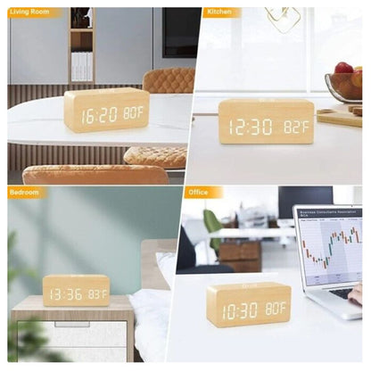 Digital Wooden Alarm Clock Table Desk Bedside LED Clock With Wireless Charger