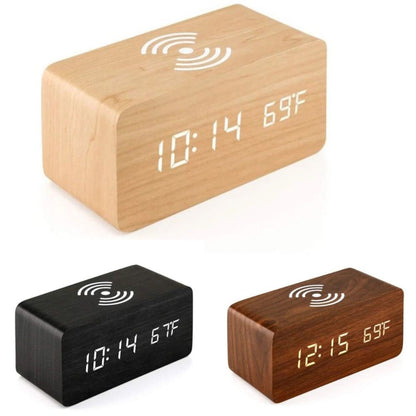 Digital Wooden Alarm Clock Table Desk Bedside LED Clock With Wireless Charger