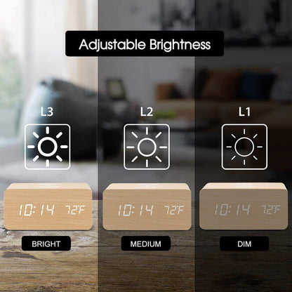 Digital Wooden Alarm Clock Table Desk Bedside LED Clock With Wireless Charger