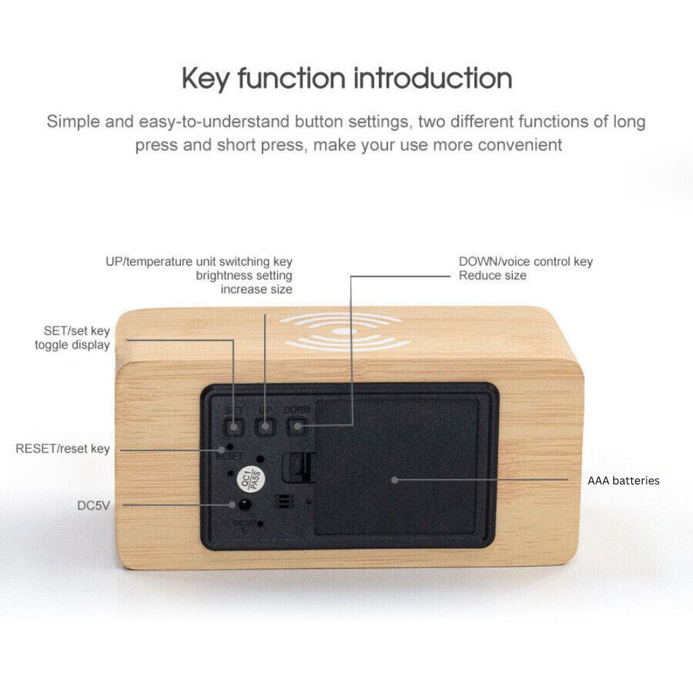 Digital Wooden Alarm Clock Table Desk Bedside LED Clock With Wireless Charger
