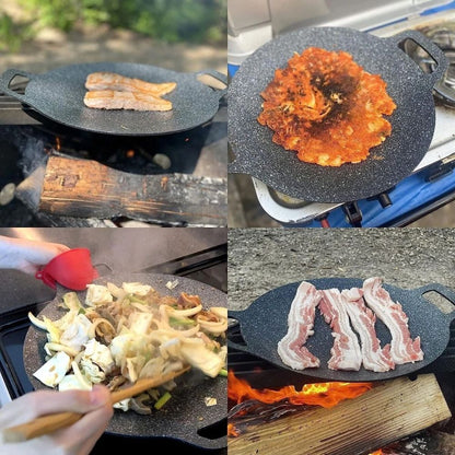 Korean BBQ Grill Pan Non-Stick Round Iron Hot Plate for Indoor & Outdoor Barbecue