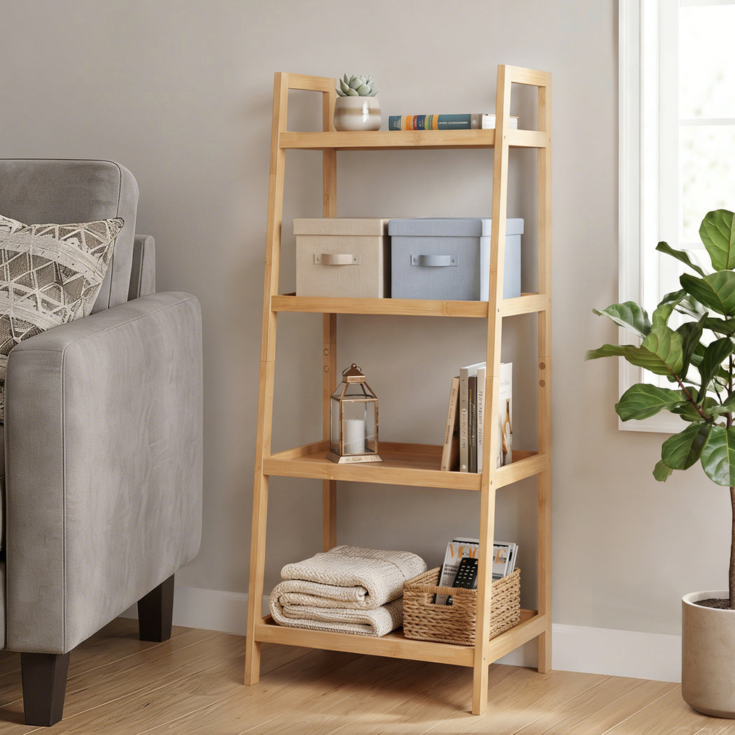 Levede Bamboo Ladder Bookcase 4-Shelf Books Plant Storage Shelf Rack Organiser-2050056773796237318